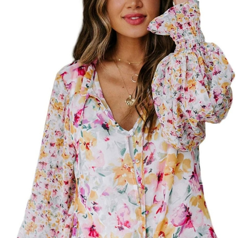 Women's Casual Boho Floral Print V Neck Long Sleeve Drawstring Tops Loose Blouse